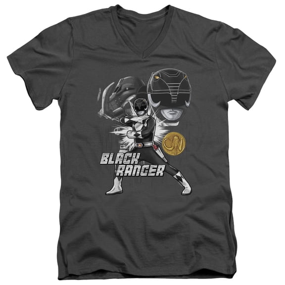 Power Rangers Black Ranger Adult V-Neck T-Shirt 30/1 T-Shirt Charcoal