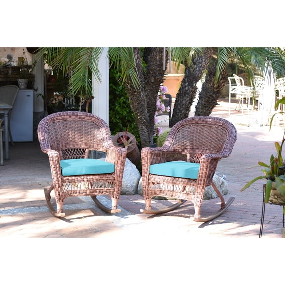 Jeco Honey Rocker Wicker Chair with Sky Blue Cushion -  Set of 2