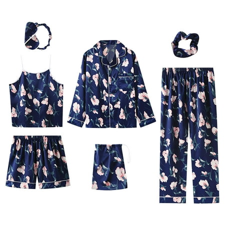

YWDJ Pajamas for Women Soft Comfy 7 Pieces Women Pajamas Sets Faux Silk Pyjama Women Pajamas Sleepwear Sets Spring Summer Homewear Blue M