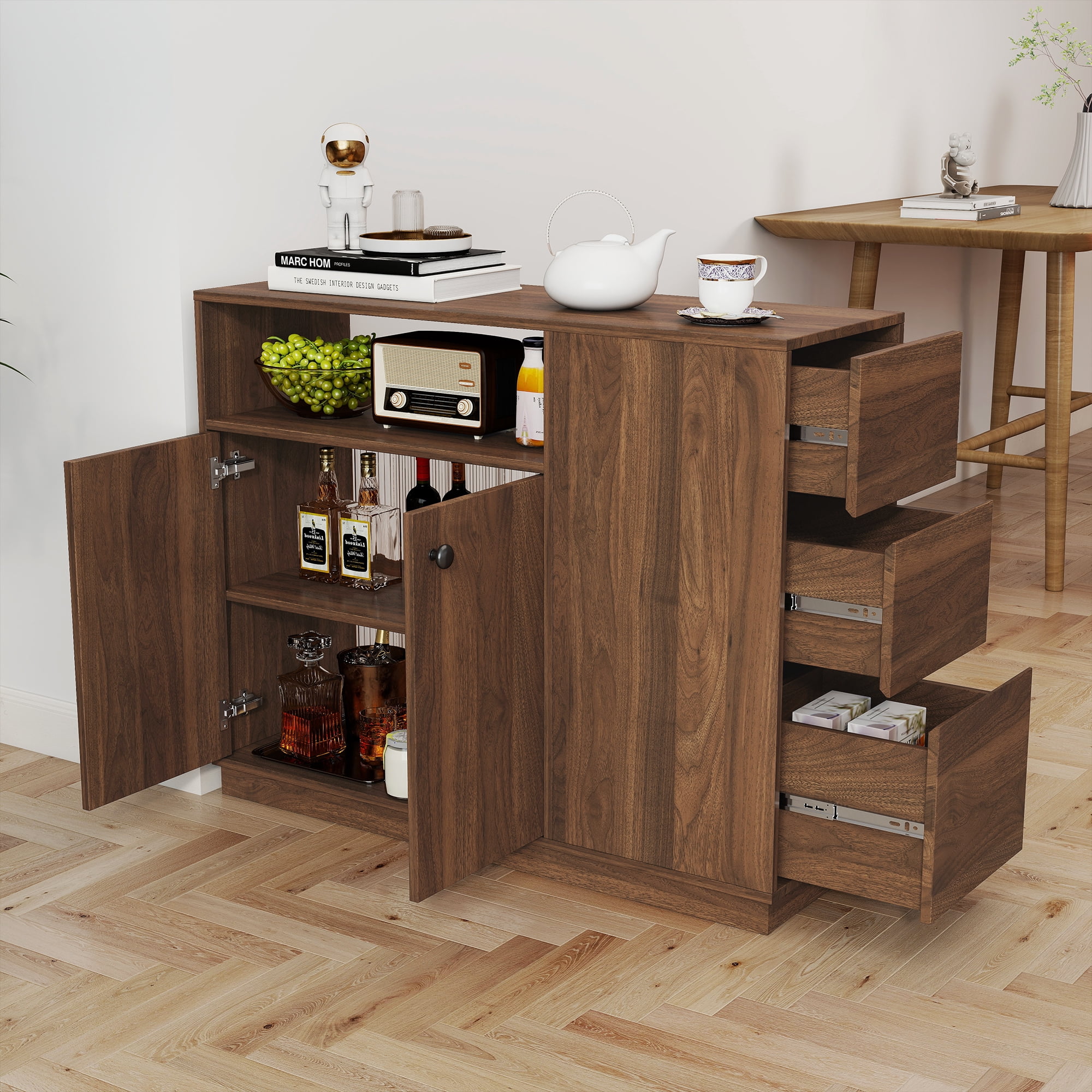 Mintazer Kitchen Sideboard Buffet Cabinet with Drawers & Fluted Glass Doors, Modern Storage Cabinet for Dining Room Kitchen, Walnut Brown