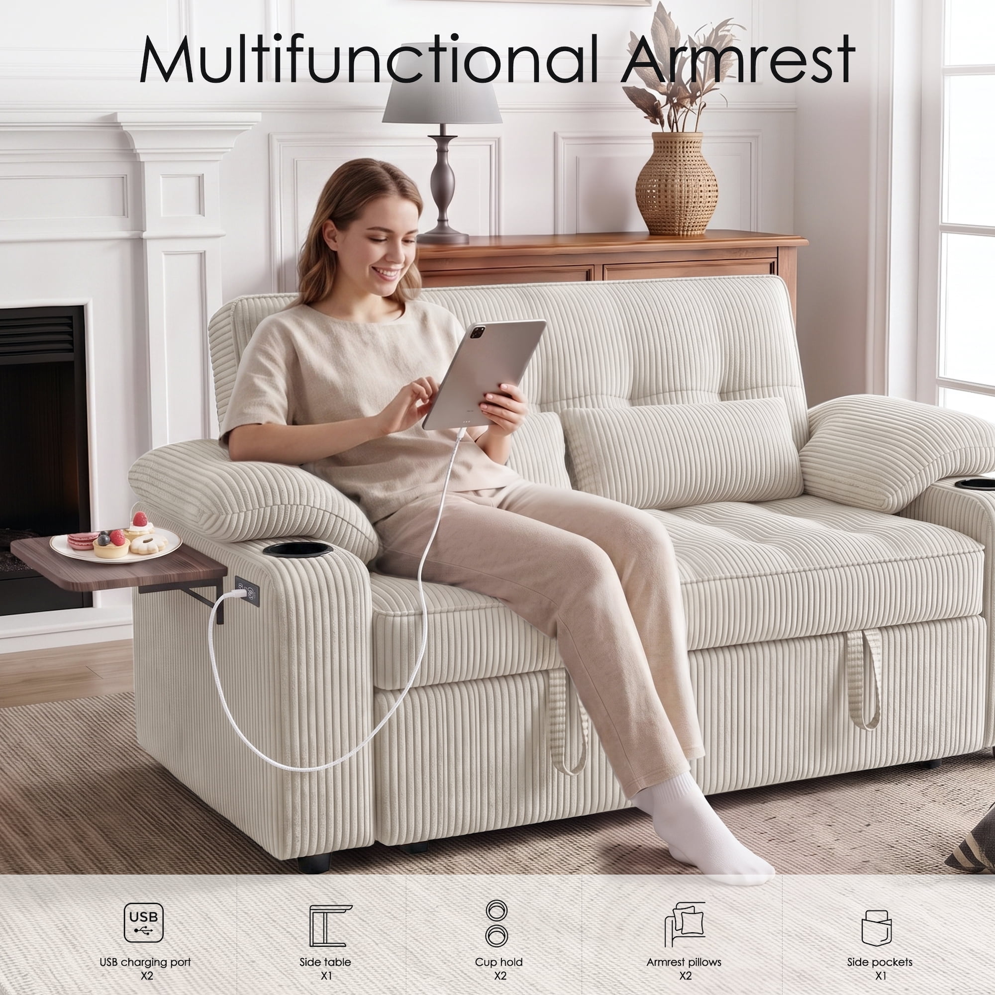 58" Sleeper Sofa Bed, Full Size Pull Out Couch, Convertible Corduroy Loveseat with USB Charging, Cup Holders, Side Table, Adjustable Backrest, Side Pockets for Living Room, Apartment, Office (Beige)