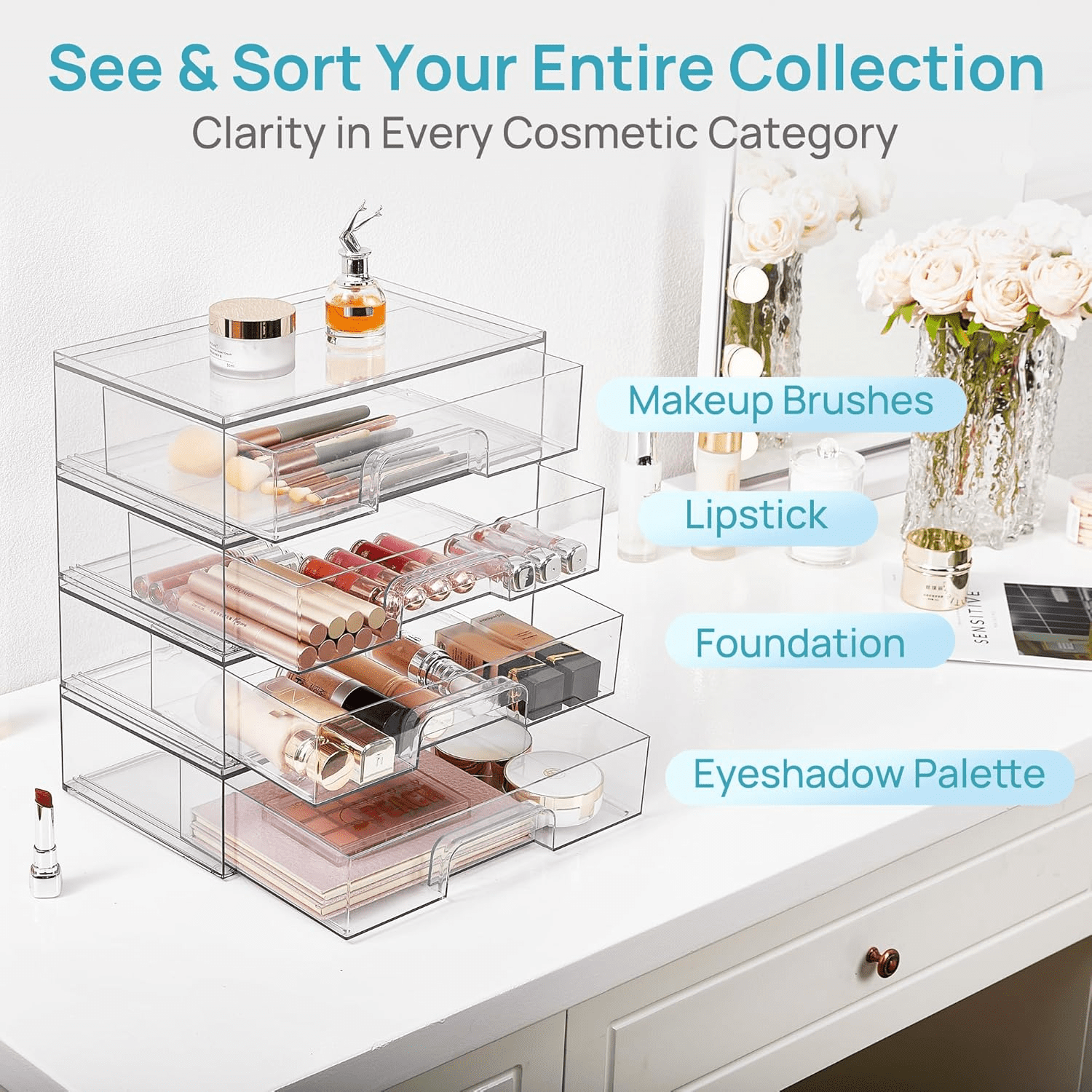 Clear Stackable Drawer Organizer, 2-Pack - Plastic Storage Drawers For Desk, Countertop, Dresser, Kitchen, Pantry, Bathroom, Office