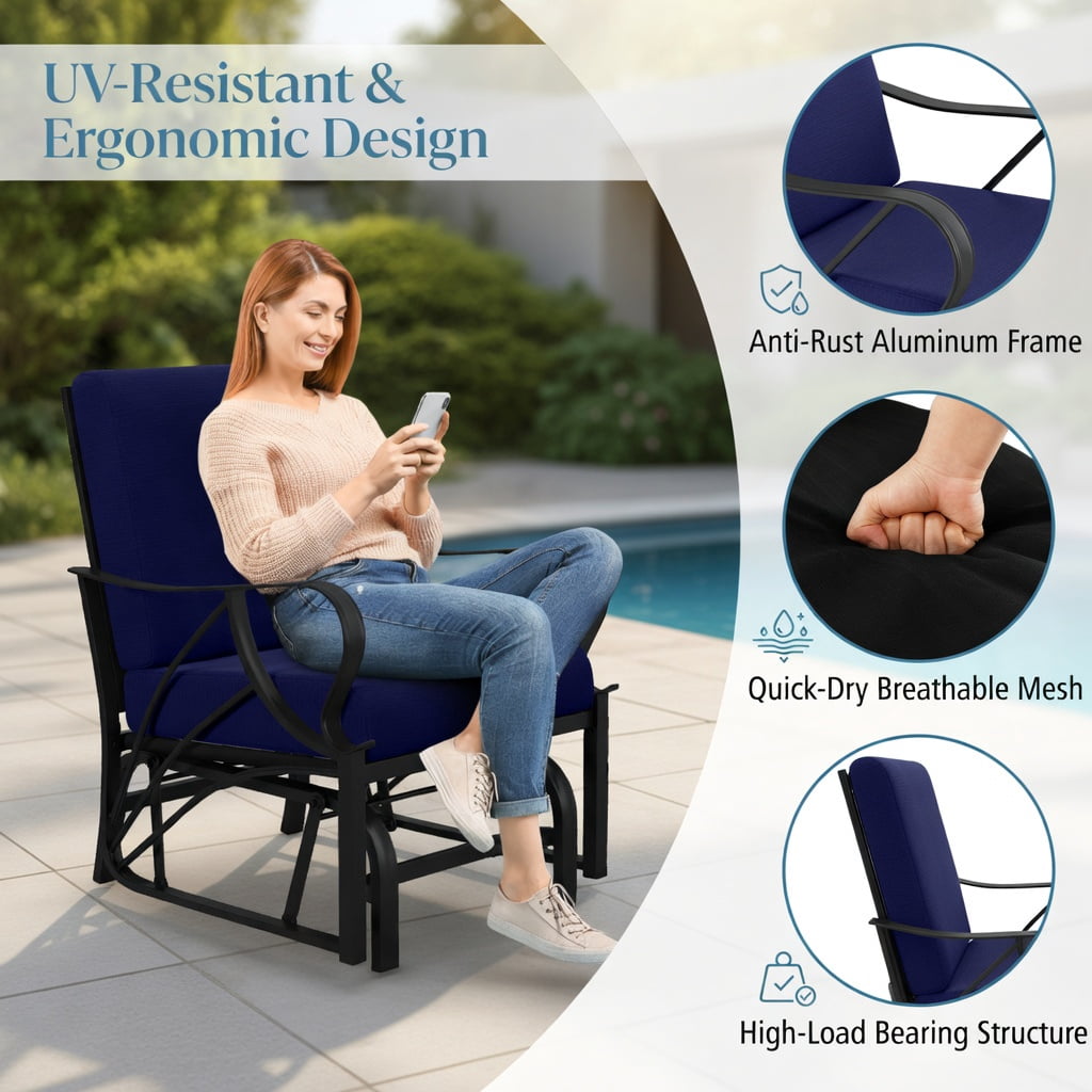 Hommoo Outdoor Glider Rocking Chair with Thick Cushioned Seat, Curved Armrests, Sturdy Metal Frame, Patio, Deck, or Porch Relaxation Chair, Navy