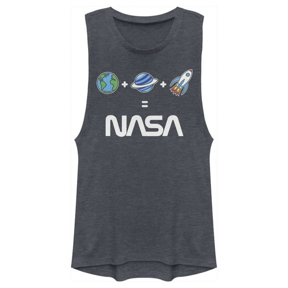 Junior's NASA Emoticon Space Logo Equation Festival Muscle Graphic Tee Denim Blue Heather X Small