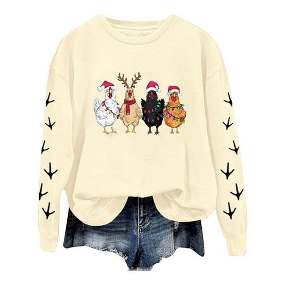 Fshinging Hoodies Sweatshirt For Women Christmas Chicken Printed Long Sleeve Crewneck Slim Plus Size Pullovers