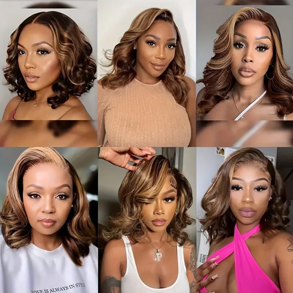 SUCS Short Bob Body Wave Lace Front Wigs Human Hair For Women Highlight Ombre Blonde Brown 13x6x1 T Part Hd Transparency Lace