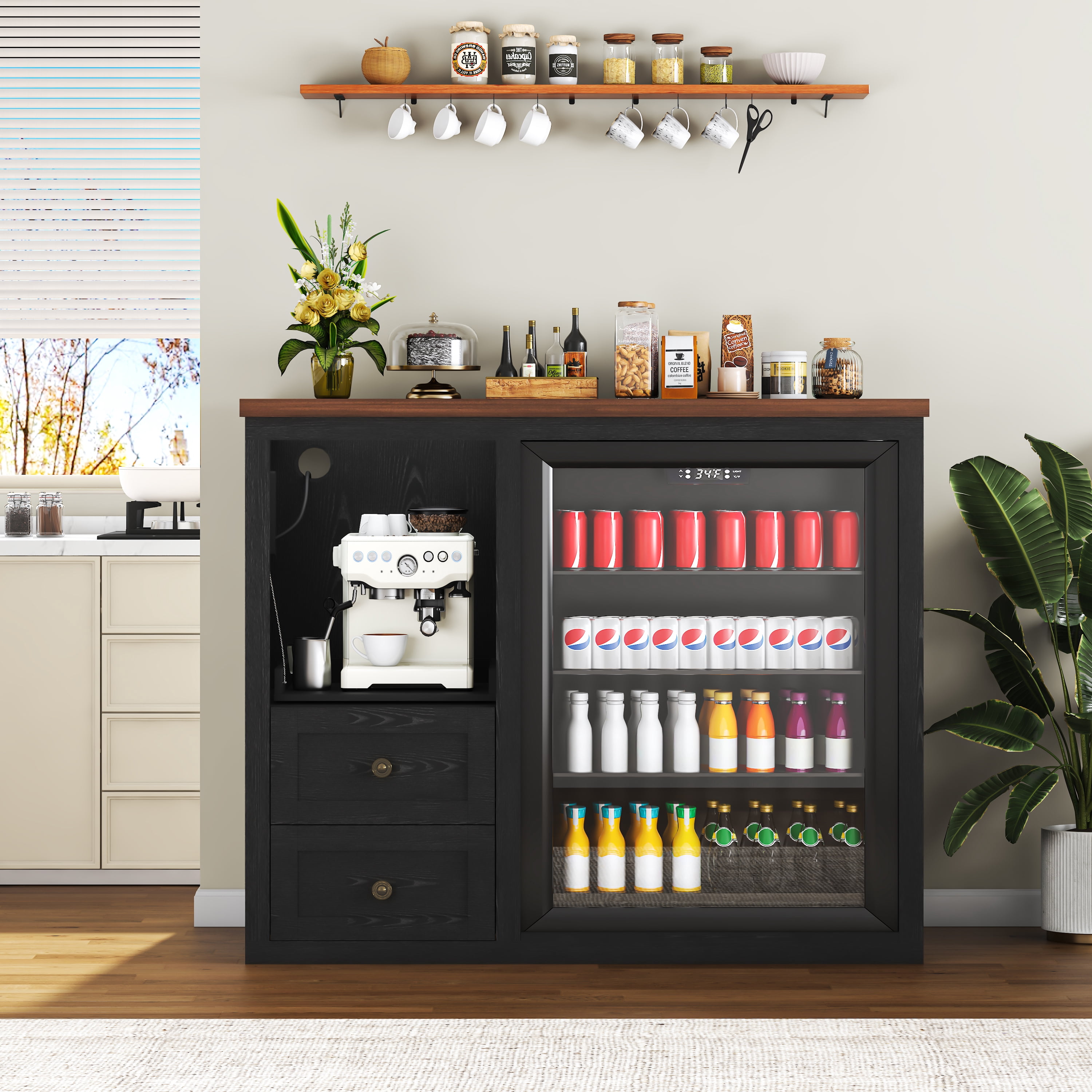 JassmiPkwy Mini Fridge Stand with Built-in Storage, Coffee Bar Cabinet with 2 Drawers & Power Outlet, for Coffee Maker, Microwave, Black