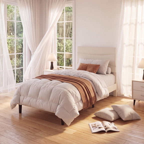 Twin Bed Frames with Headboard, Upholstered Platform Bed Frame with Sturdy Wood Slats Support, No Box Spring Needed, Easy Assembly, Noise Free, Beige Velvet