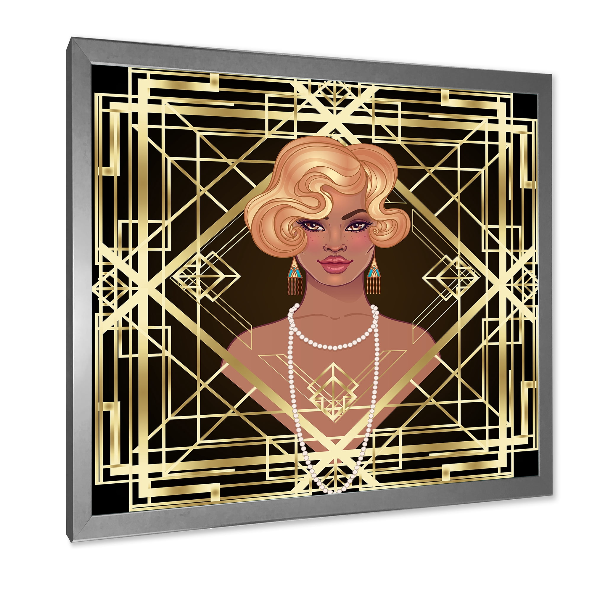 Designart 'Retro Girl In Golden Art Deco Geometrics III' Modern Framed Art Print
