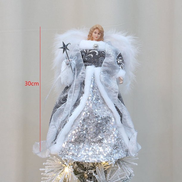 Angel Christmas Tree Topper Ornament with White Feather Wings Xmas Trees Topper Star for Home Holiday Party Trees Decorations