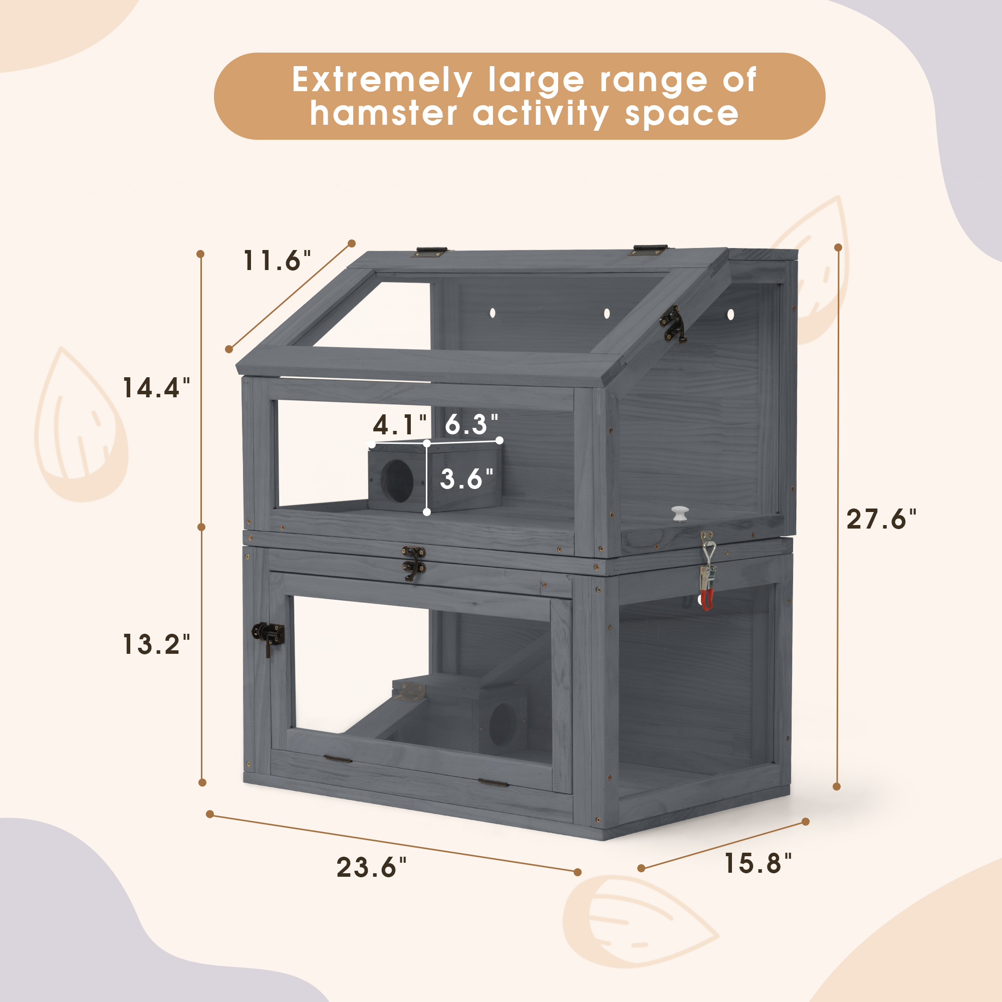 COZIWOW 2-Tiers Wood Hamster Cage with Hideouts, Ramps, Acrylic Window, Door Access for Small Animals, Gray