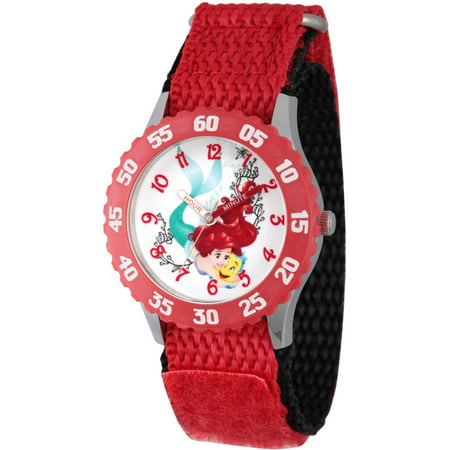 Disney Princess Ariel Girls' Stainless Steel Time Teacher Watch, Red Bezel, Red Hook-and-Loop Nylon Strap with Black Backing