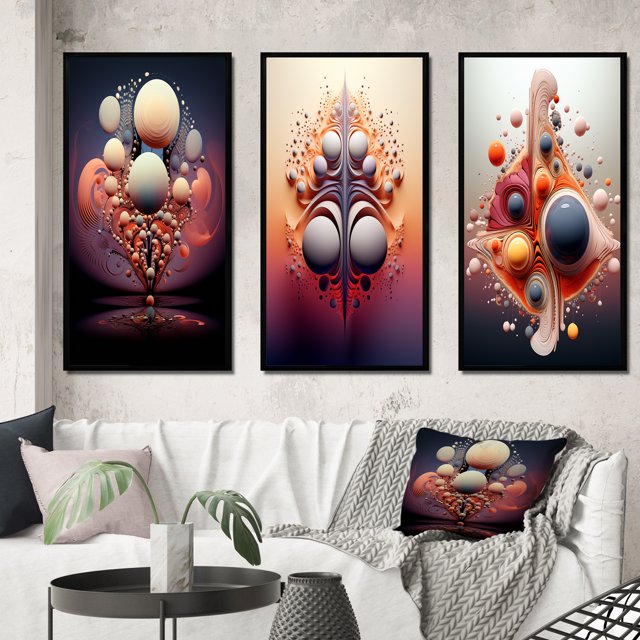 Designart « Multiverse Metamorphosis Abstract Geometric II » Formes Abstraites Ensemble d'Art Mural Encadré de 3 - Ensemble de Toiles à Cadre Transitionnel Rose pour Déco de Salon