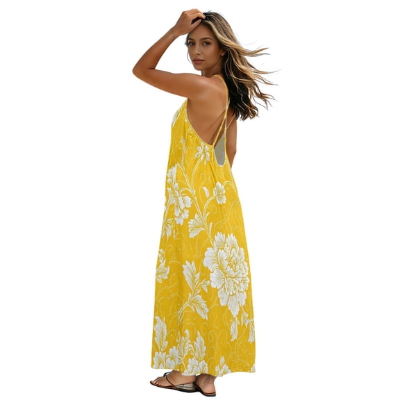 Plus Size Sundress for Women 2026 Flowy Strappy Backless Dress Lightweight Long Dress for Beach Vacation, Golden Floral Design