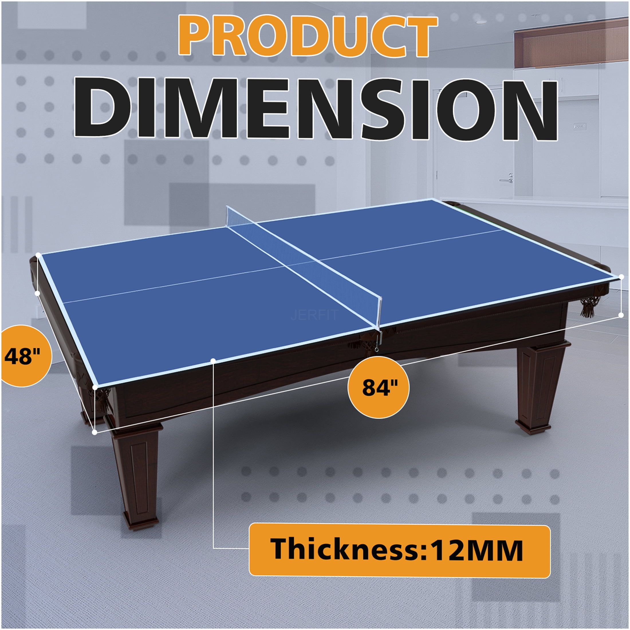 JERFIT 7x4ft Portable Ping Pong Table Top | Indoor Blue MDF Conversion Surface with Foldable Design & Included Net