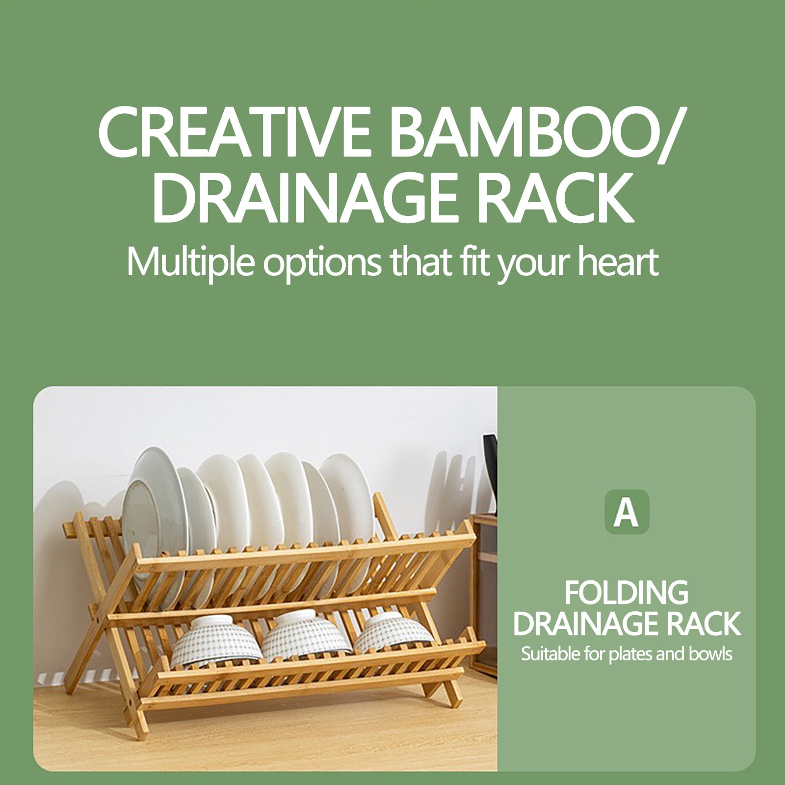 Cagogo Bamboo Dish Drying Rack, 2 Tier Large Capacity Foldable Dish Drainer, Bamboo Wood Dish Rack Drainer Tray for Kitchen Countertop, Sink Organizer, Plates Bowls Cups Utensils Storage