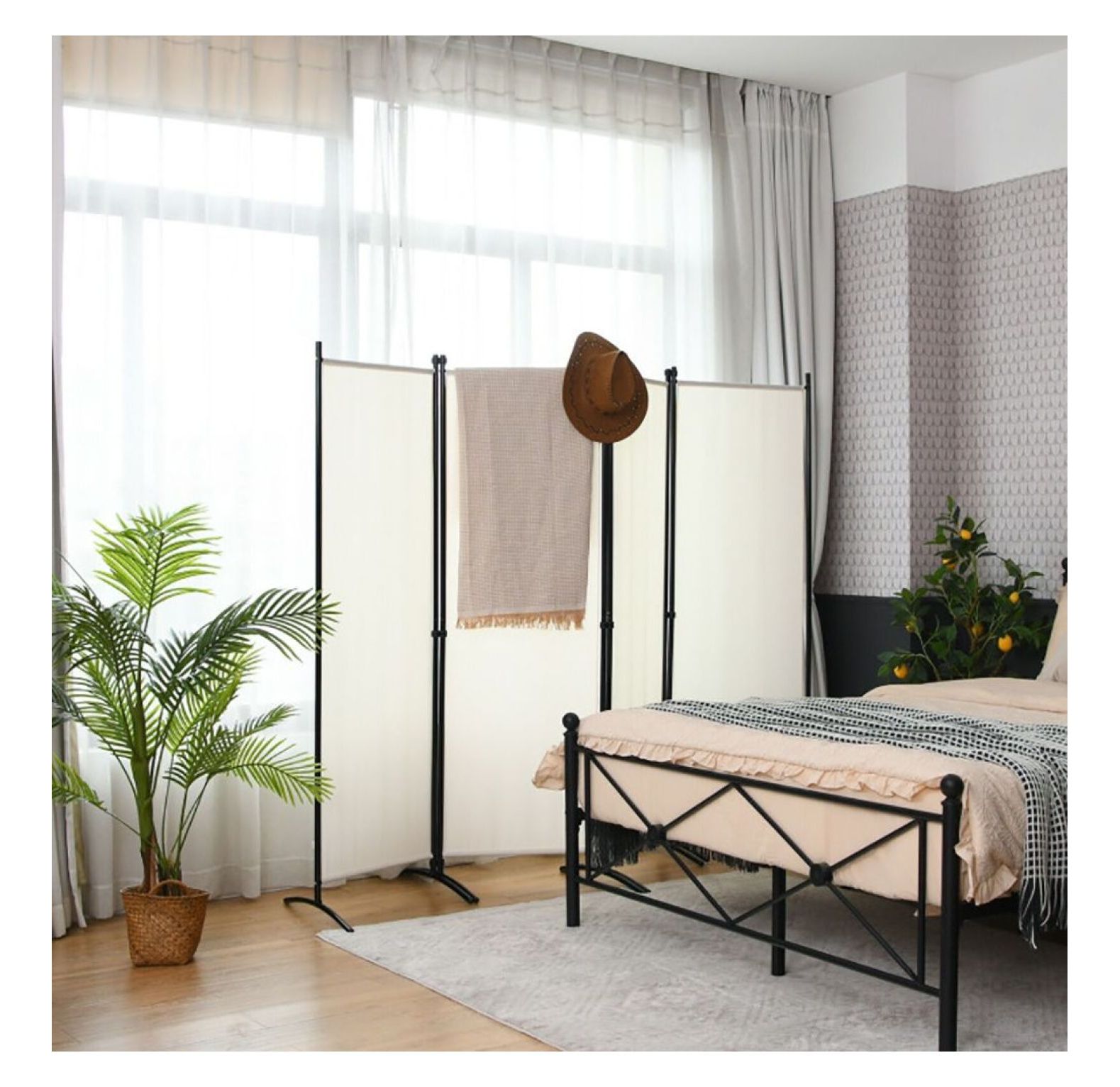 Yunken 4-Panel Folding Privacy Screen with Lockable Wheels, 5.6 Ft Tall Portable Room Divider for Home & Office