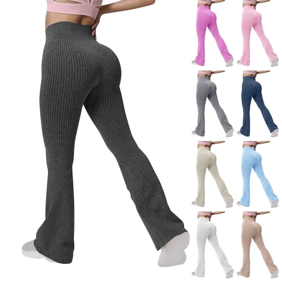Oksale Womens Ribbed Yoga Pants Flare Leggings for Women Butt Lifting Seamless Stretch High Waisted Workout Legging Pants Dark Gray L