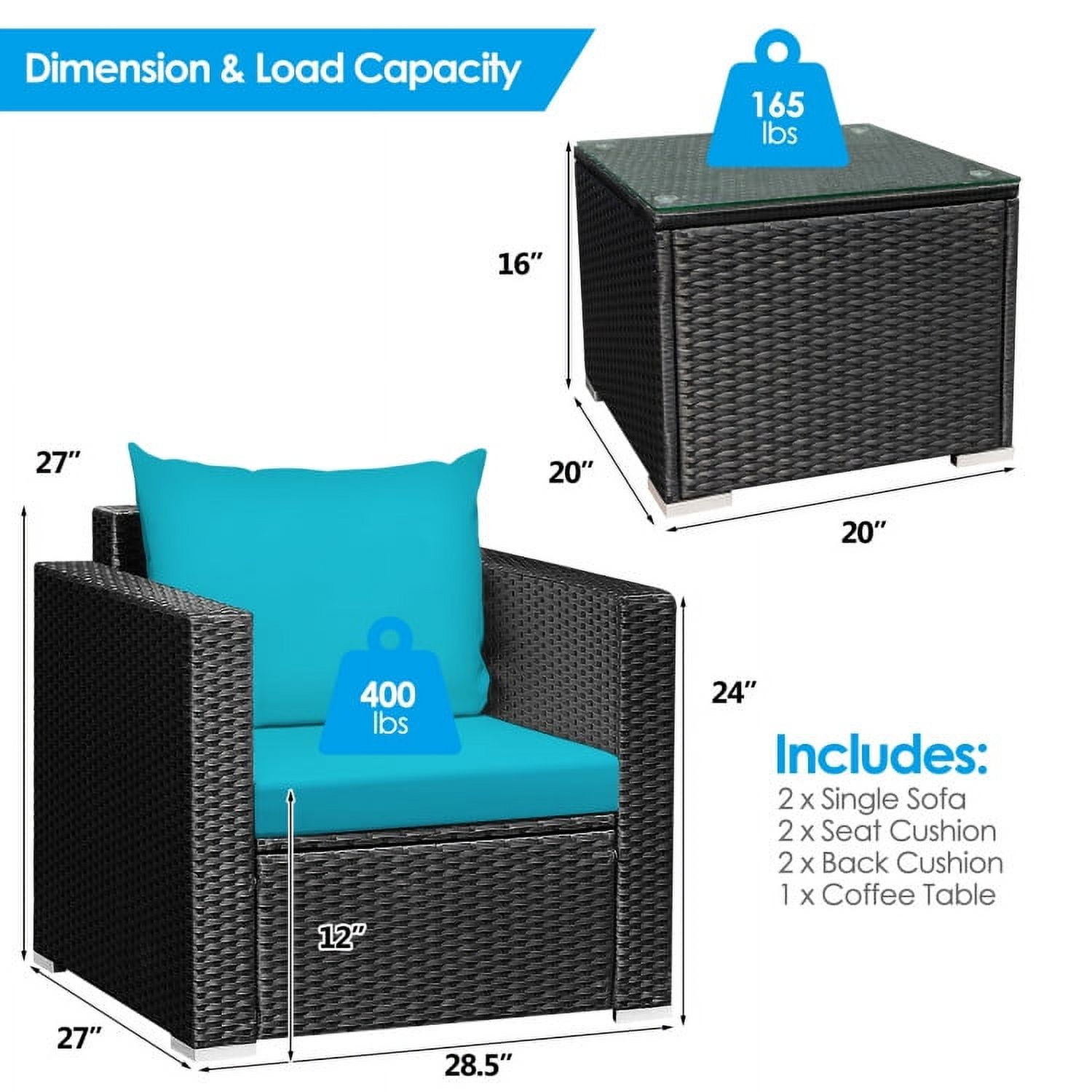 Aimee Lii 3 Pieces Patio Wicker Conversation Set with Cushion, Modern Patio Furniture, Turquoise Aimee Lii 3 Pieces Patio Wicker Conversation Set with Cushion, Modern Patio Furniture, Turquoise
