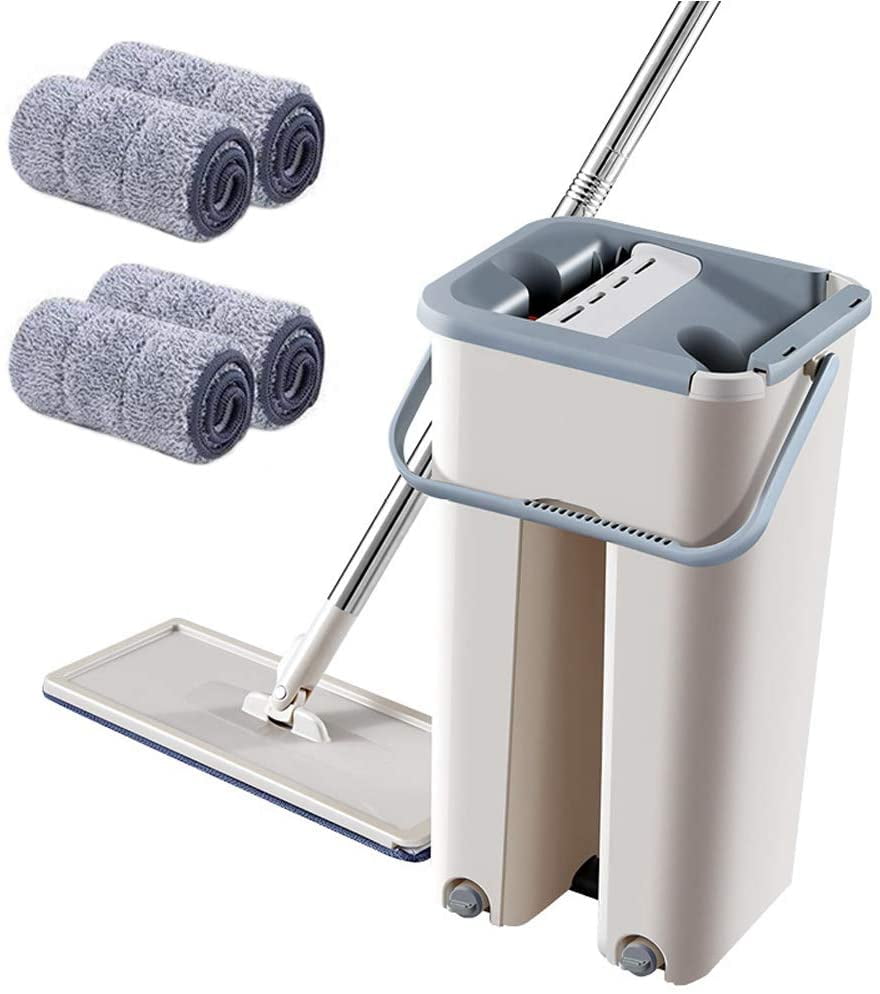 Home Wash Dry Flat Mop Bucket All Floor Water Tile Cleaning System Mop Head Pads 