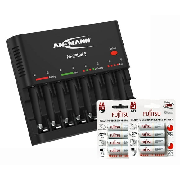 ANSMANN Individual cell Battery charger Powerline 8 for NiMH Rechargeable Batteries AAA & AA - 8 Bay Universal recharger Plus 8-Pack Fujitsu AA Batteries