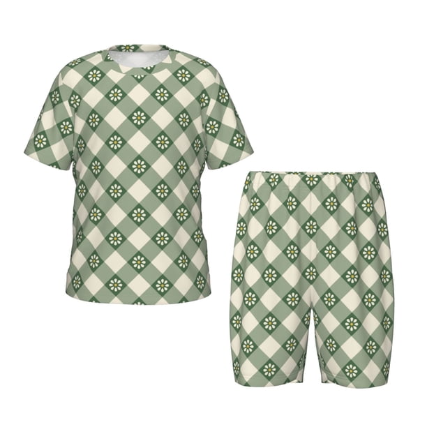 Balery Daisy Plaid Green Conjunto de Pijama Infantil de Manga Corta con Estampado – Ropa de Dormir de Algodón Suave-Medium