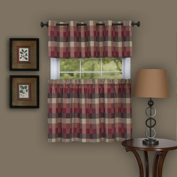Plaid Window Kitchen Curtain Privacy Sheer 3-Piece Tier Panel Pair and Valance: 57" x 24", Tier Pair & Valance, Burgundy/Beige