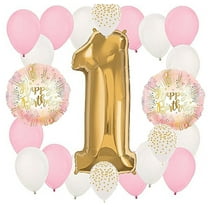 DalvayDelights 22 Piece Rose Pink Gold Polka Dots Starburst Confetti Dot Girl's Girl Number ONE #1 1st Happy Birthday Party Mylar & Latex Balloons Set