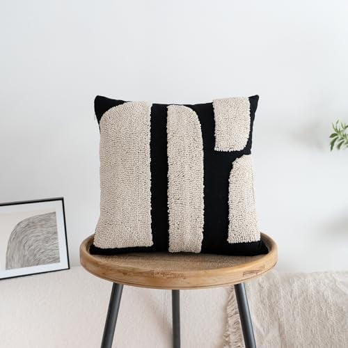Black White Boho Chunky Tufted Pillow Cover, Neutral Decorative Square Throw Pillow Case, Geometric Woven Modern Sham for Bed Couch Living Room, 18x18 inches, 1PCS