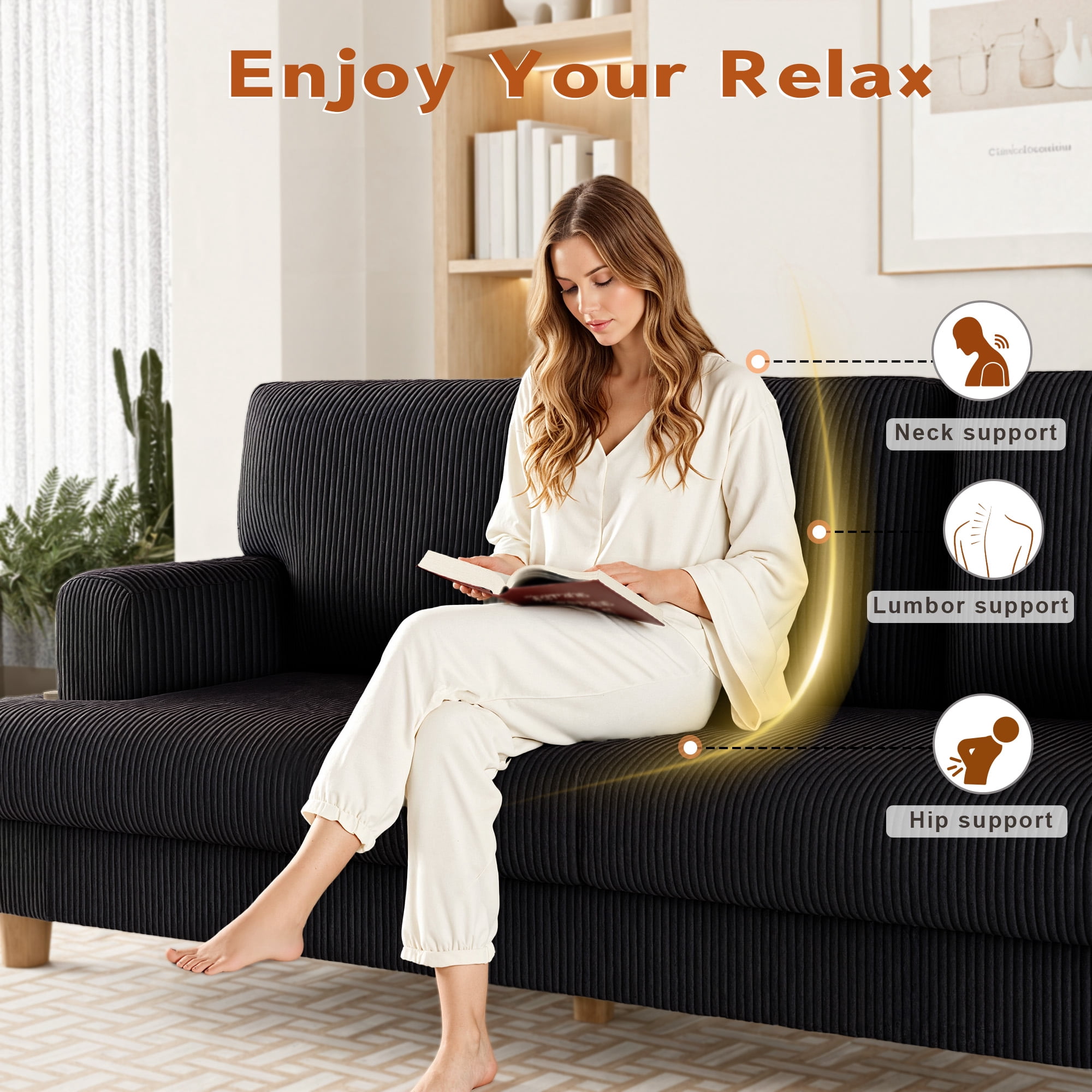 AAQZ 87" Corduroy Sofa Couch for Living Room, 3 Seater Deep Seat Comfy Couch in a Box, 2 Cushions, 2 Pillows Tool-Free Setup,Black