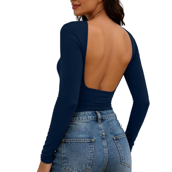 Sexlip Women Long Sleeve Backless Fitted Bodysuit Soft Stretchy Slim Fit Basic Going Out Top Casual Night Out Long Sleeve Shirt Blue L