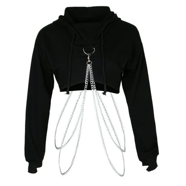 con Capucha Mangas Largas Top Corto Color Sólido con Cadena Steampunk METRO Sunnimix Sudaderas con capucha para mujer