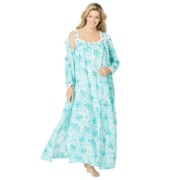 Only Necessities Plus Size Long 2-Piece Cabbage-Rose Peignoir Set