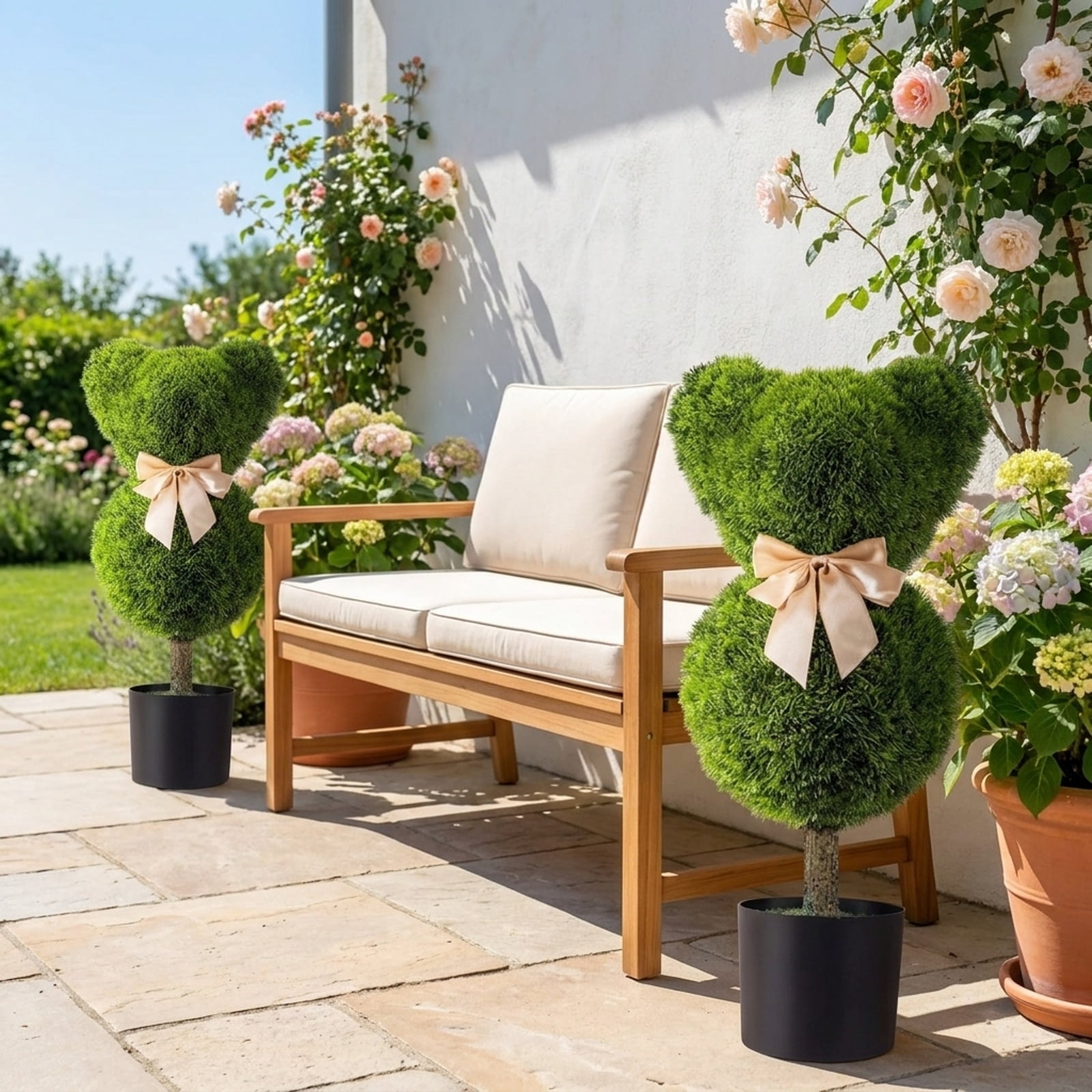 Vebreda Artificial Plant Decor, 2 Pieces Bear Topiary Trees with Pots Sun-resistant Bear-Shaped Boxwood Faux Plants, Charming Bear Design