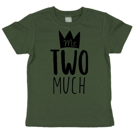 

Boys 2nd Birthday Mr Two Much Crown Birthday Shirt Picture Perfect Outfit Black on Military Green Shirt 2T