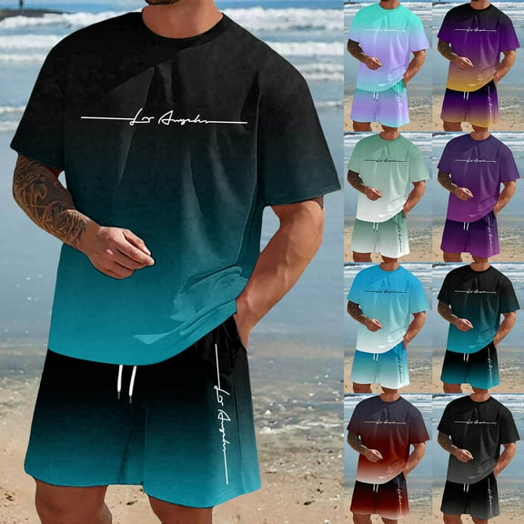 Men'S 2 Piece Summer Vacation Outfits Matching Shirt and Shorts Set Vacation Tracksuits Athletic Jogging Sports Outfits (Dark Blue,L)