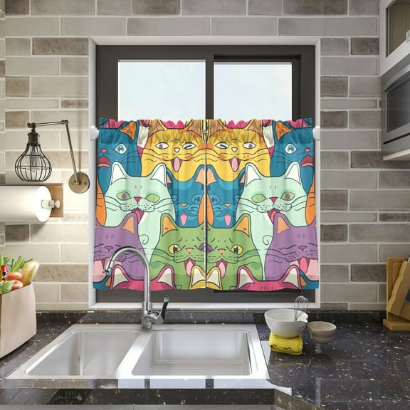 Happy Cats Faces Kitchen Curtains Half Tier Curtain 2 Rod Pockets Bathroom Bedroom Cupborad Living Room 27"x24"