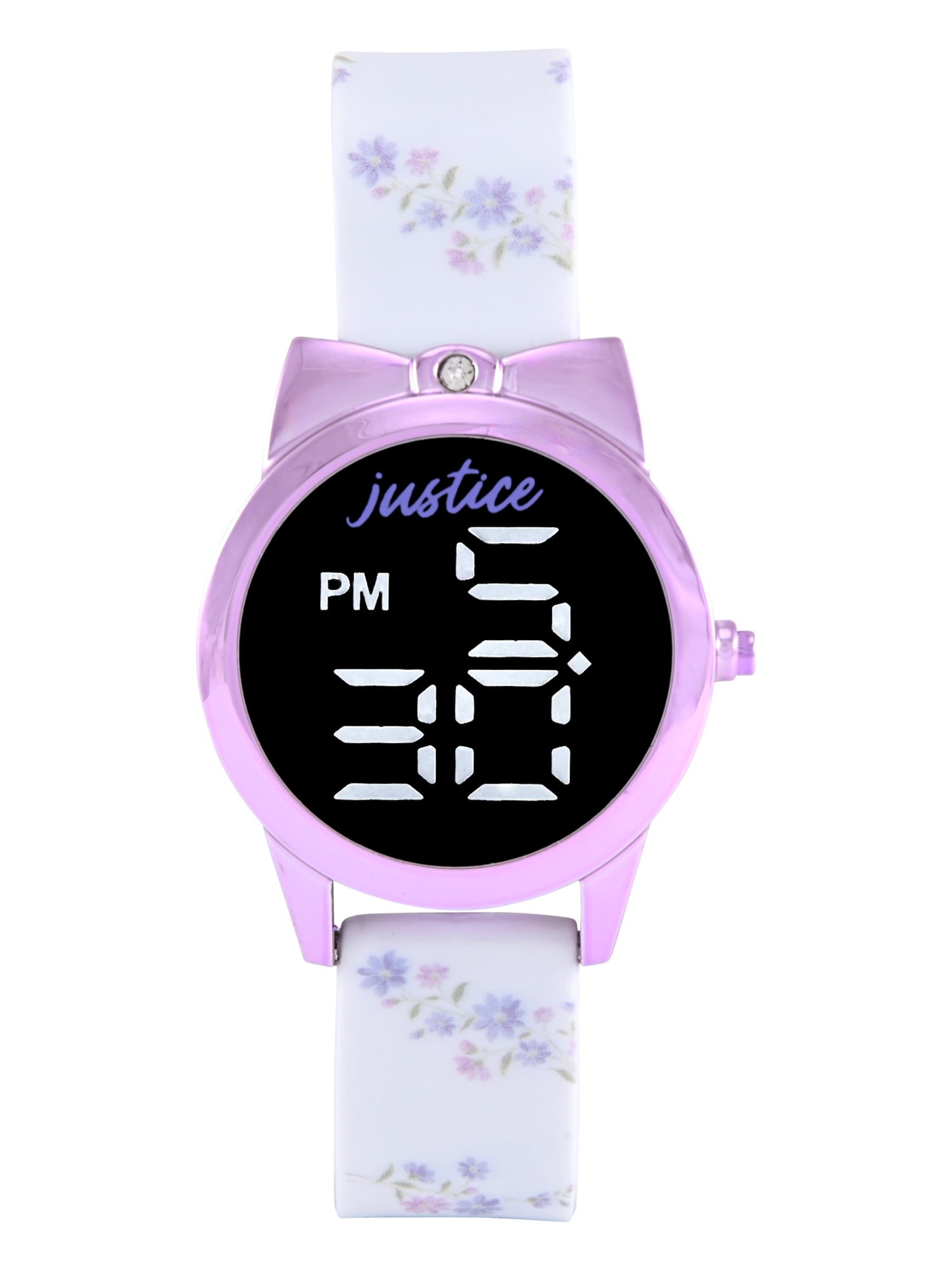Justice Girls White Floral Printed Silicone Strap Watch with Purple Metallic Bow Shaped Case & Matching Stretch Bracelets; JSE40312WM