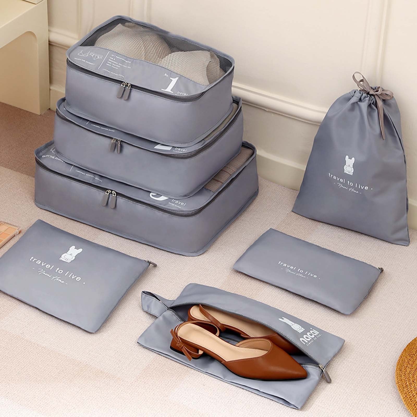 Summercome 7 Set Packing Cubes, Luggage Packing Organizers for Travel Accessories, Space Saving Travel Bags for Carry On, Lightweight Zipper, Clothes, Shoes and Laundry Bag, Suitcases (Gray)