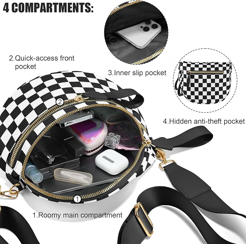 Nylon Bum Bags Plus Size Fanny Pack Sling Bag Belt Bag for Women Travel, Checkered Crossbody Bags for Women