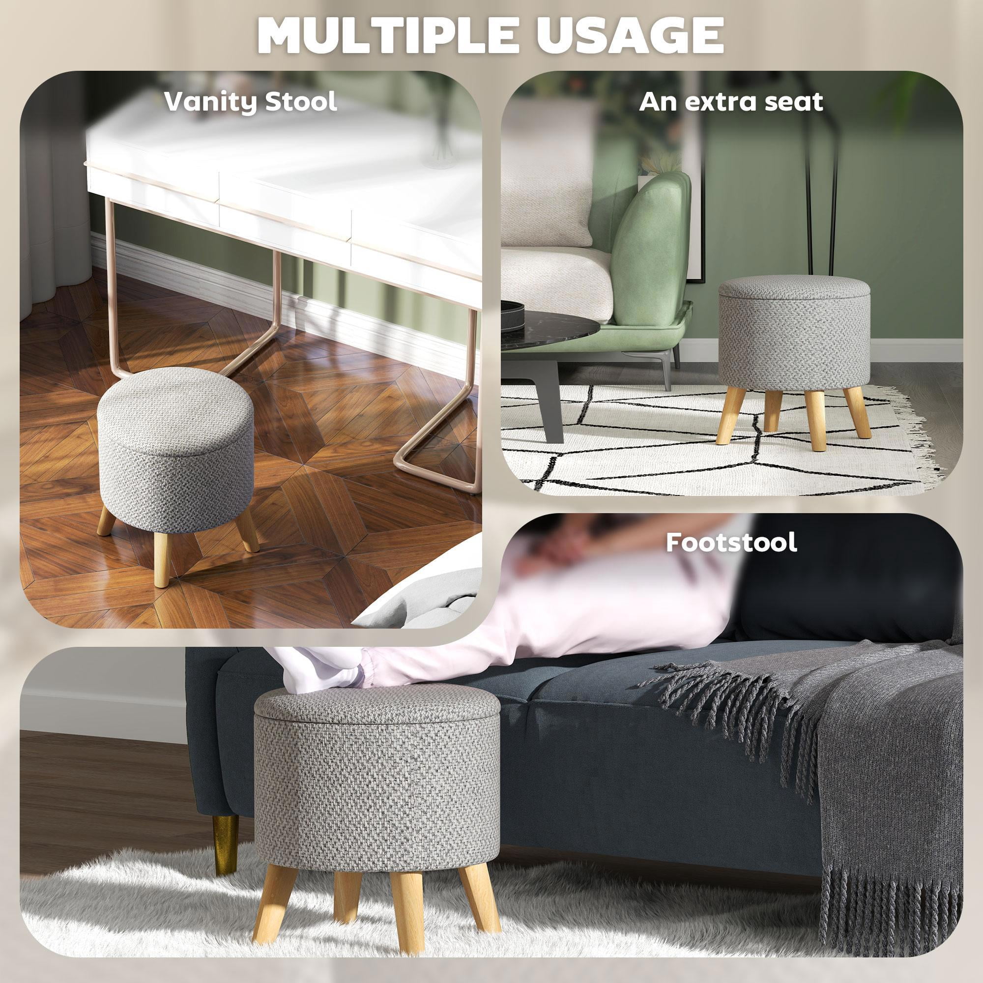 Demi Bonn 15" Round Ottoman Stool with Storage, Linen Upholstered Foot Stool with Padded Seat, Hidden Space and Wood Legs for Living Room, Bedroom, Light Gray