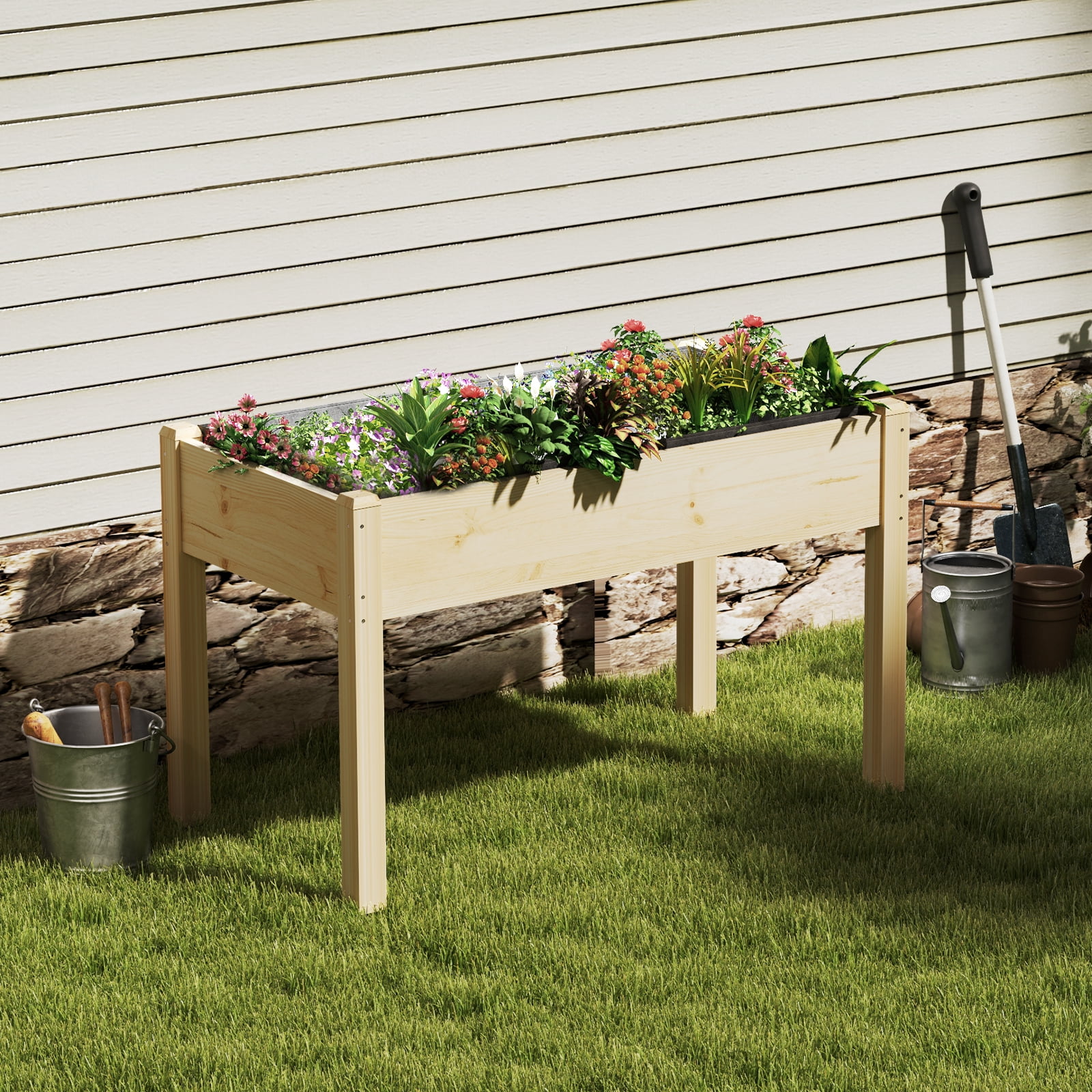 LIFERECORD Wooden Raised Garden Bed with Legs, 48"L X 24"W X 30"H, Elevated Reinforced Large Planter Box for Vegetable Flower Herb Outdoors, Wood