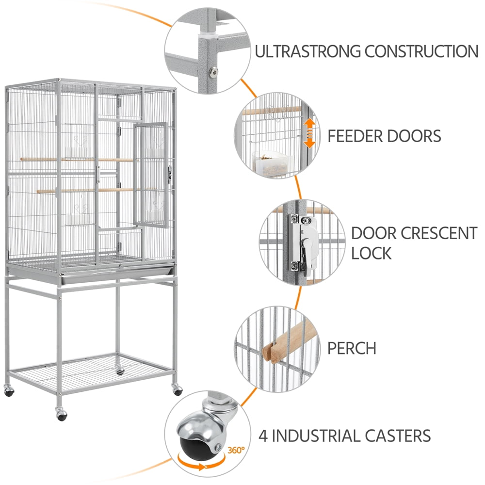 Alden Design 54" Metal Rolling Bird Cage with Detachable Stand, Light Gray