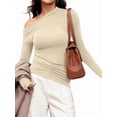 thumbnail image 2 of Women'S Off Shoulder Tops Dressy Long Sleeve Asymmetrical Slim Fit Going Out Fall Blouse Ruched Shirts Apricot S, 2 of 8
