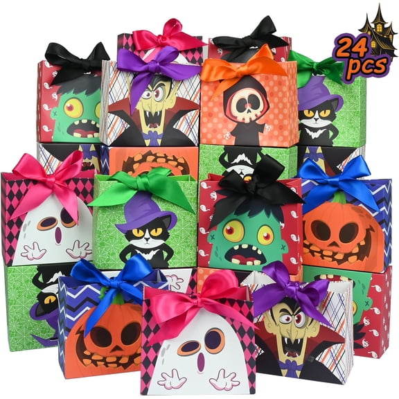 DECHISY Halloween Treat Bags, Trick or Treat Candy Boxes with Ribbons, 24 Pack