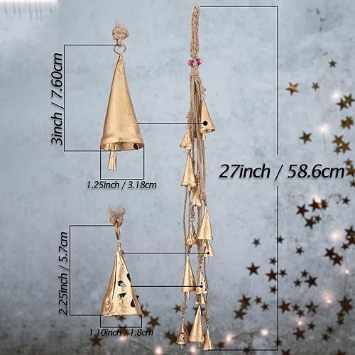 Handmade Hanging Bells Wind Chimes 27 Inch– Vintage Cow Bells on Jute Rope, Rustic Tin Bells for Christmas, Home Decor, Boho Wind Bells for Holiday, Farmhouse, Wreath, Outdoor & Indoor