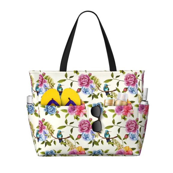 Large Beach Bags Water-resistant Sandproof - Carnation Hummingbird Pattern Cute Beach Tote Bags for Women with Zipper