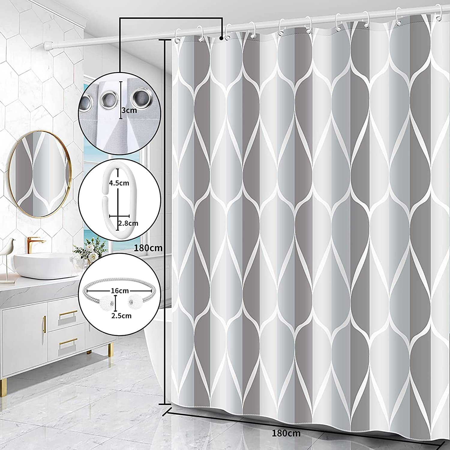 Shower Curtain 180x200 cm Spring Stones Grey White Waterproof Bath Curtain 