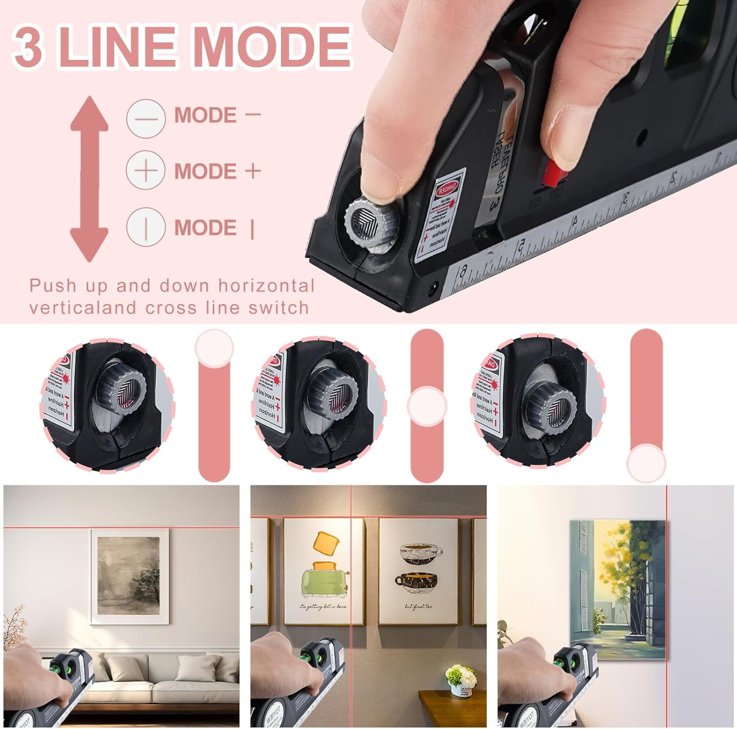 TOYIEW Picture Hanging Kit Tool, 352pcs Hanging Hardware with Heavy Duty Frame Hooks, Wire, Nails, D Rings, Photo Sawtooth Hangers, Wall Art Hanging Kit with Laser Level, Pink Claw Hammer