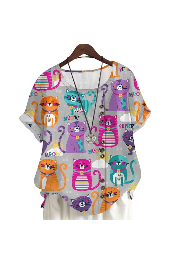 Plus Size Shirts for Women Lovely Kitten 3D Printed Summer Blouse